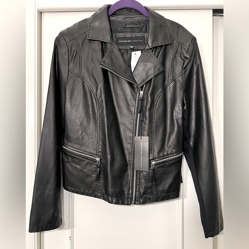 Marc New York Andrew Marc Faux Leather Moto Black Jacket Womens size L NEW